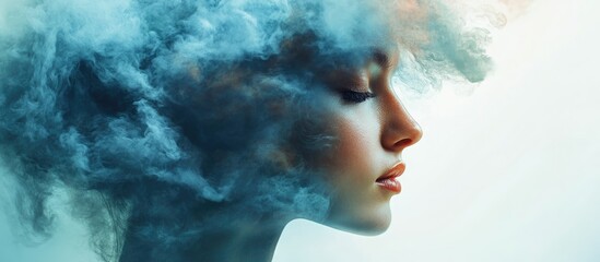 Portrait of a woman in profile surrounded by blue and white wispy smoke illustrating hidden mental health struggles and inner strength.