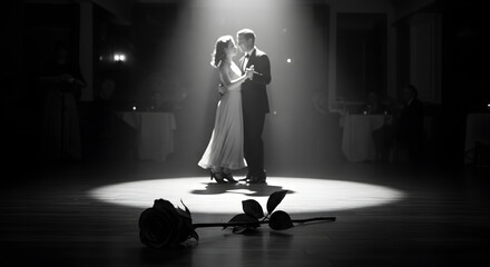 Classic black-and-white shot of a couple slow dancing in a spotlight