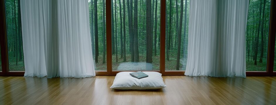 A cozy reading space features an open book and a soft lamp, with sunlight pouring in through a window framing a serene garden view