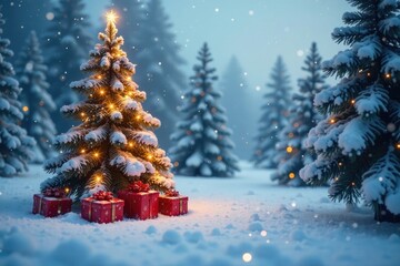 Obraz premium Snow-covered trees with a few scattered presents under them, presents, festive, trees