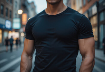 Fototapeta premium Young Male Model Wearing Black T-Shirt, Casual Shirt Mockup Template for Design. 