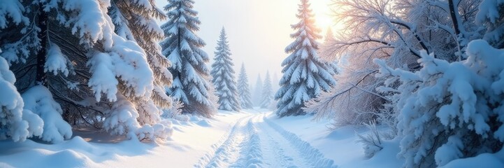 Snow-covered trees with branches heavy with weight, cold climate, frosty branches