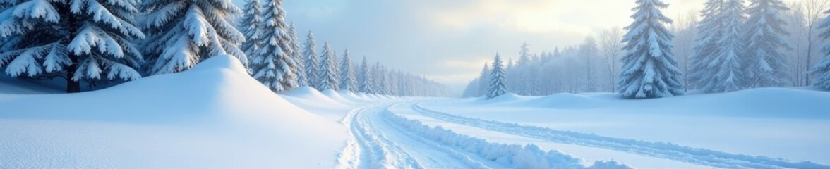 Naklejka premium Snowdrifts pile high on the ground near tall evergreen trees in a frosty winter landscape, snowdrifts, serene atmosphere