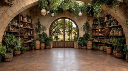Herbalist shop interior, stone arch, garden view
