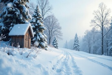 Snowfall from grey sky in serene and peaceful scene, white snow, fall