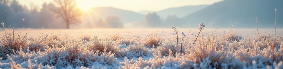 Snowfall on dry grass in a frosty morning landscape, misty, serene