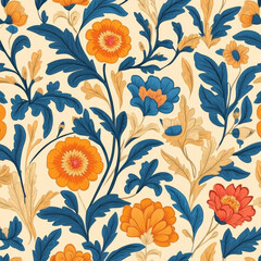 Colorful floral pattern with blue and orange flowers