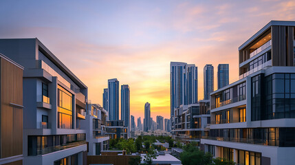 Fototapeta premium Modern Apartments at Sunset Sunset cityscape view between skyscrapers 