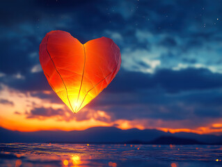 Fototapeta premium Glowing heart-shaped lantern glowing brightly against the night sky