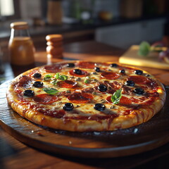 Pizza with pepperoni and olives on a black background.