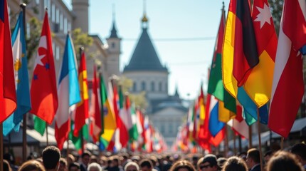 A vibrant display of flags from various countries fluttering in the wind