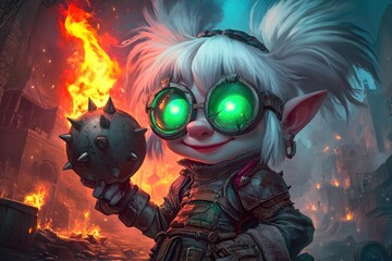Fototapeta premium A Young Yordle Soldier Holds A Spiked Bomb Amidst Flames