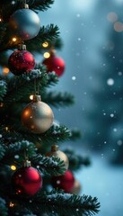 Snowflakes falling gently on a Christmas tree, christmas tree, ornaments, winter wonderland