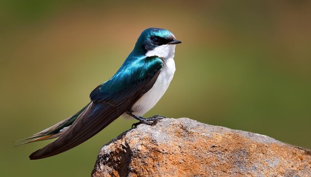 Striking Portrait of a Tree Swallow Perched on a Rock, Amidst the Vibrant Hues of a Green and Brown Landscape, Showcasing the Captivating Detail of a Bird in Nature. - Powered by Adobe