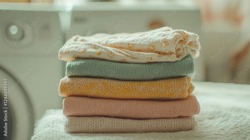 Aufkleber a stack of neatly folded sweaters in soft pastel colors sits on a table in a sunlit laundry space, e