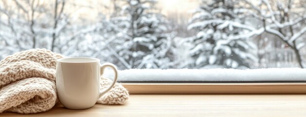 A cup of hot coffee sits on a soft, knitted blanket near a window, showcasing a snowy landscape outside during winter