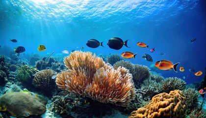 Naklejka premium Vivid Tropical Fish Swimming Amongst the Rich Colors of a Vibrant Coral Reef, Captured Beneath the Clear Blue Waters in a Mesmerizing Underwater Scene