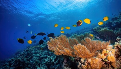 Naklejka premium Vibrant Tropical Fish Swim Amongst Colourful Coral Reefs in the Depths of the Underwater Wildlife, Showcasing a Breathtaking Scene of Aquatic Beauty and Diversity.