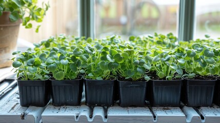 Rows of vibrant green seedlings in black pots on a wooden shelf by a sunlit window