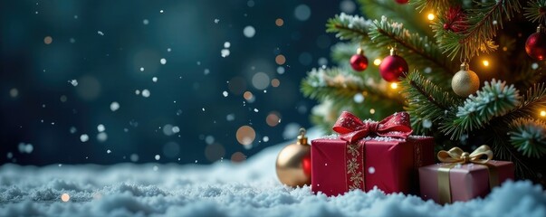 Snowflakes gently falling on a decorated tree, gift wrapping, christmas, snow