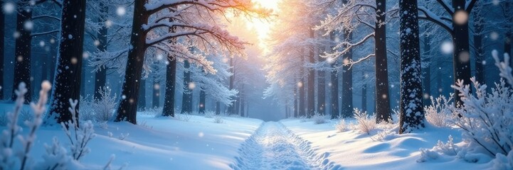 Fototapeta premium Snowflakes gently falling on a frosty forest landscape, peaceful, serene