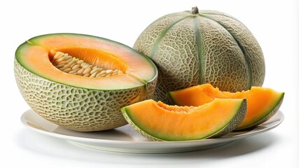 Freshly cut cantaloupe served on a plate with slices isolated on white background