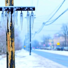 Icicles forming on a weathered utility pole, with a snow-covered road and power lines in the distance, representing winter's impact on urban landscapes..