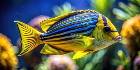 Close-up of vibrant yellow and black striped aquarium fish, showcasing striking blue fins; underwater macro photography.