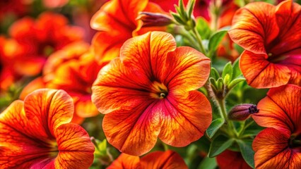 Fototapeta premium Close-up reveals vibrant red and orange petunias, bursting with color in candid photography.