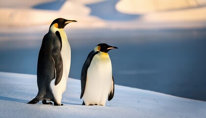 Fototapeta premium Striking duo of Emperor Penguins amidst an Icy Winterland on Snow Hill Island, Antarctica, Captured in the Soft Polar Twilight