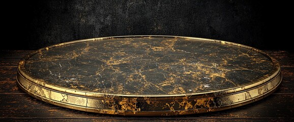Fototapeta premium Marble display stand on wood, dark background. Product showcase