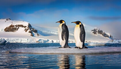 Fototapeta premium Majestic Emperor Penguins Standing on Icey Snow Hill Island, Antarctic Peninsulas Frosty Winterscape at Twilight