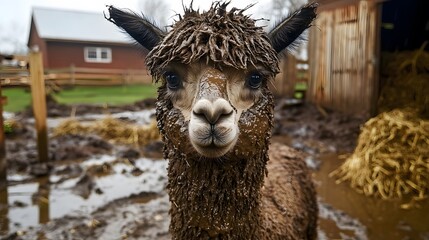 A close-up of an alpaca with mud on its face and fur, standing in a muddy barnyard. The alpaca is eyes are bright and curious, contrasting with the dirt on its wool. The background shows a rustic