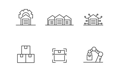 Set of Logistics warehouse or Smart warehouse icon, Products, Parcels Symbol Outline icon, Editable Stroke