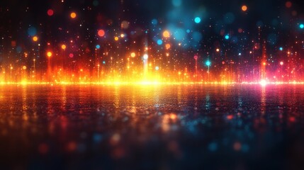 Fototapeta premium Glowing particles falling on dark reflective floor