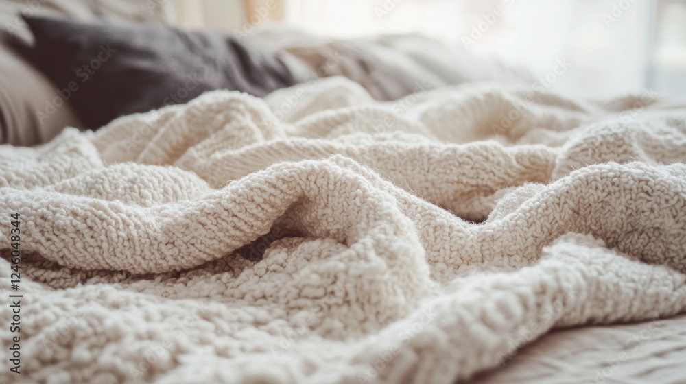 Poster soft, textured knitted blanket envelops a peaceful bed, creating a warm atmosphere in a bright and i