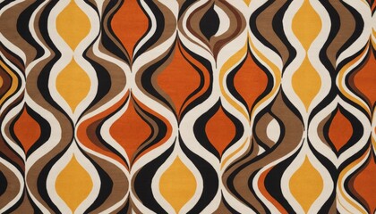 Colorful retro fabric featuring an eye-catching pattern of swirls in orange, brown, and yellow. Ideal for vintage style, textile design, or home decor themes. 