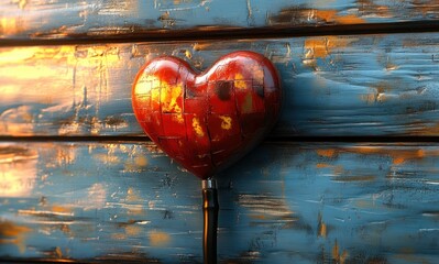 Red Heart Model with Black Stethoscope on Light Blue Wooden Background