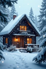 Fototapeta premium Snowflakes gently falling on a wooden cottage roof, , winter wonderland