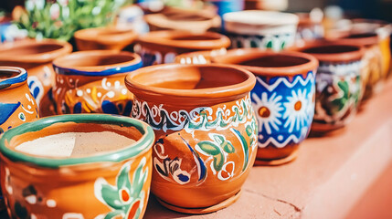 Hand-painted terracotta pots displayed in a traditional outdoor market
