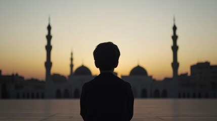 Boy facing mosque at sunset, prayer, peace