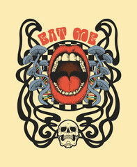 eat me psychedelic t-shirt print with open mouth skull and dna mushrooms