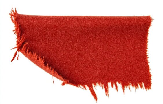 Red fabric swatch, frayed edges, white background, texture sample