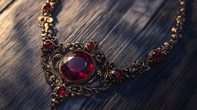 A vintage-style necklace with a large ruby gemstone at its center, surrounded by smaller garnet stones. The chain is ornate and antique-looking, with intricate designs and a slightly aged appearance.