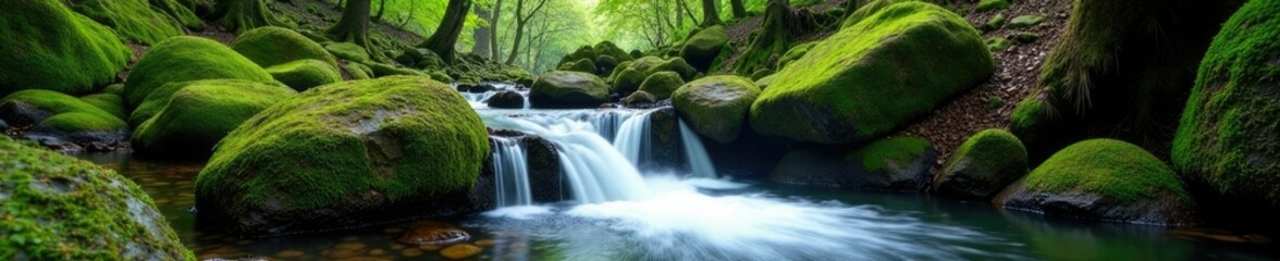 Fototapeta premium Water cascades over moss covered rocks in a secluded valley, nature, isolated, scenery