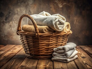 Obraz premium Crisp white towels, neatly stacked in a rustic basket, rest on a weathered wooden table.