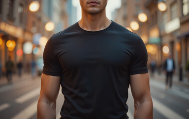Fototapeta premium Young Male Model Wearing Black T-Shirt, Casual Shirt Mockup Template for Design. 