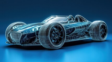 Naklejka premium Wireframe of futuristic car concept with blue background. Stock photograph