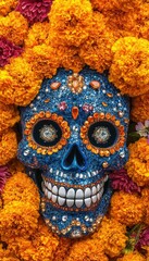 Ornate sugar skull adorned with jewels, nestled amongst vibrant marigolds. A Day of the Dead tribute.