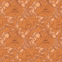 seamless pattern with Victorian flowers in the style of William Morris, Mocha Mousse color